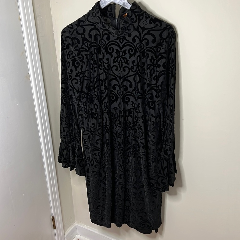 Love & Legend high neck, long sleeve boho style velvet dress. Black.
